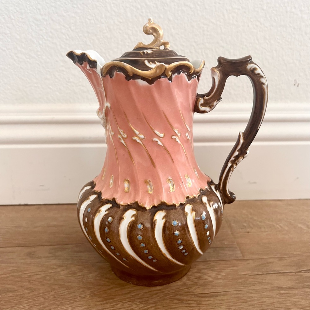 Antique c1896-1900 Elite Limoges France Coffee Chocolate Pot Pink Brown AS IS